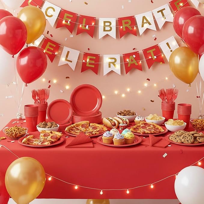 Red Plastic Plates for Party - 30 Guest 9" Dinner Plates & 7" Dessert Plates,12 oz Cups,Napkins,Forks,Disposable Plastic Tableware for Birthday,BBQ,Christmas