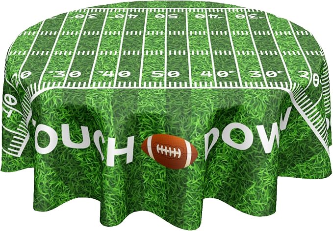 Football Round Tablecloth 70 Inch Rugby Football Pattern Circle Table Cloth Green Table Cover Washable Polyester Indoor Decorations for Home Kitchen Dinning Party