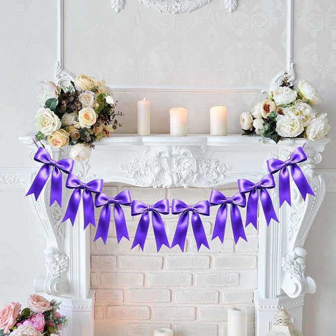 2 Strings of 16PCS Purple Bow Garlands Banner Decoration,Pre-Strung Satin Ribbon Ornaments for Birthday,Bachelorette Party,Bridal Shower,Wedding,Engagement,Baby Shower,Graduation Decor,Anniversary