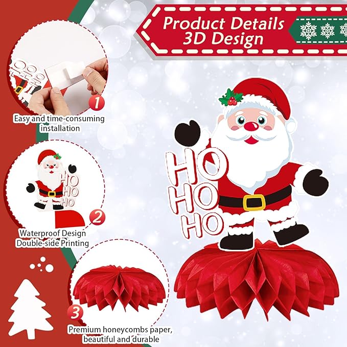 JULMELON Christmas Table Decorations Honeycomb Centerpieces,8 PCS 3D Double Side Xmas Holidays Table Centerpieces Cute Santa Snowman Table Toppers Decor for Christmas Party Supplies