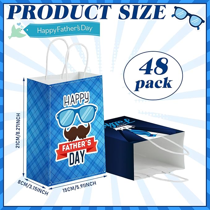 Sinload 48 Pcs Happy Father's Day Party Gift Bags Paper Bags with Handles Dad Treat Goodie Present Boxes Blue Black Party Supplies for Dads Men Anniversary Birthday Decor