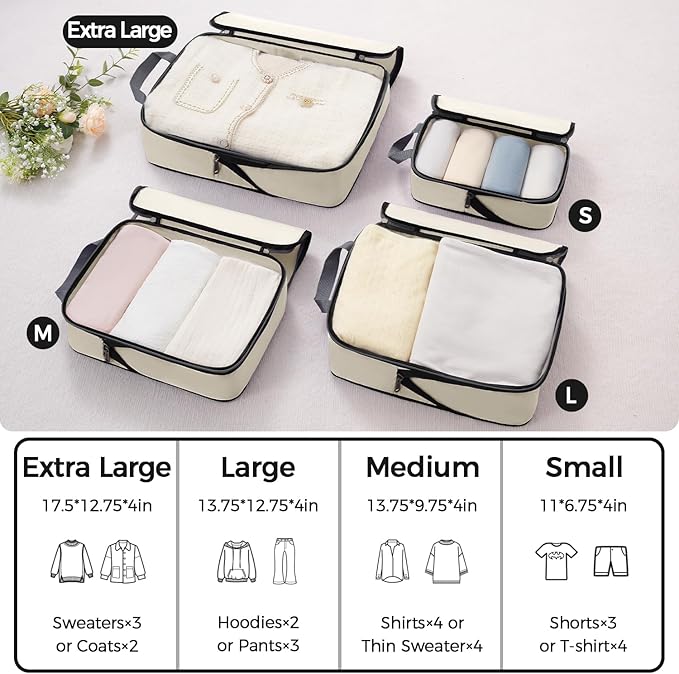 BAGAIL 4 Set/6 Set/8 Set Compression Packing Cubes Travel Accessories Expandable Packing Organizers (Cloth Pattern, 4-Beige)