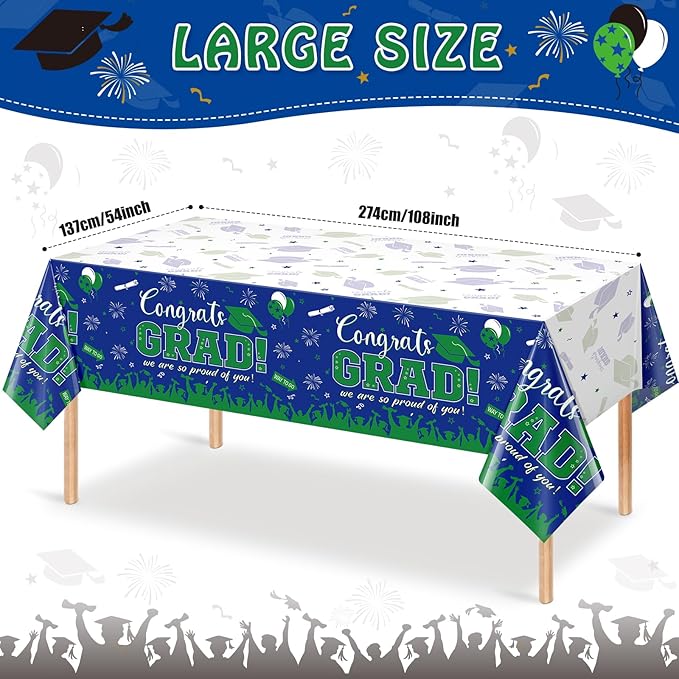 6 Pack Graduation Tablecloth Party Decorations, Class of 2026 Congrats Grad Plastic Tablecover Party Supplies, Blue and Green Rectangle Graduation Table Decor for College High School Party, 54x108Inch