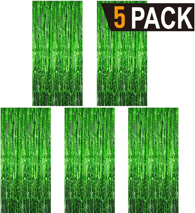 GOER 3.2 ft x 9.8 ft Metallic Tinsel Foil Fringe Curtains Party Photo Backdrop Party Streamers for St. Patrick's Day,Graduation,New Year Eve Decorations Christmas Wedding Decor (Green,5 Packs)
