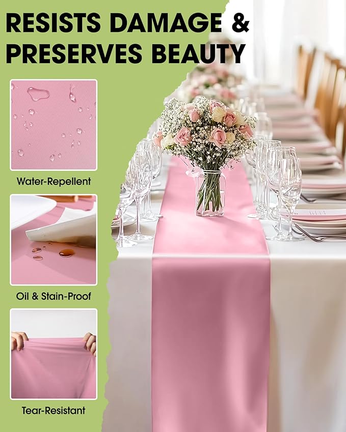 Pureegg Light Pink Plastic Table Runners - 10 Pack, 14'' x 108'', Water Resistant & Disposable Centerpiece Decorations for Table Cloth, Wedding, Birthday, Holiday, Baby Shower, Party, Home Decor