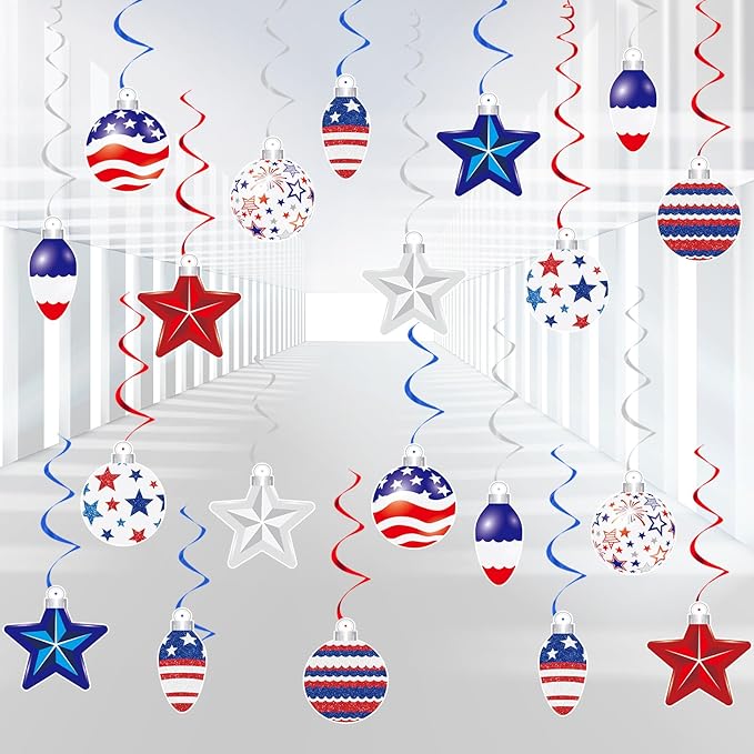 YQUQWN 48 PCS 4th of July Hangings Swirl Decorations, Independence Day Patriotic Party Supplies, No DIY Ceiling Streamers Decor for Holiday Birthday Wedding Veteran Day Tree Red White Blue Decorations