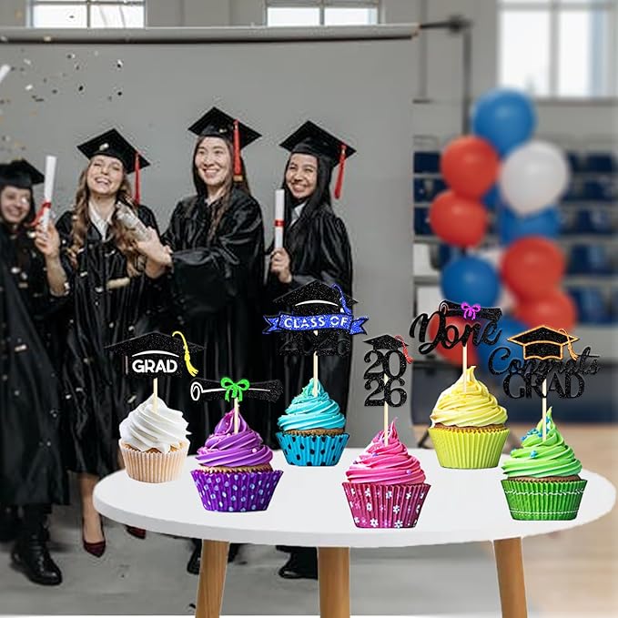 24 Pack 2026 Congrats Grad Cupcake Toppers Set, Graduation Cupcake Decor, Class of 2026 Cupcake Picks for Senior High School College Grad Party Decorations Supplies(Black with Green) A