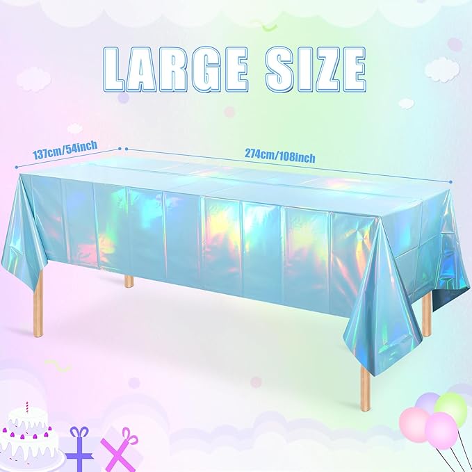 1 Pack Iridescent Light Blue Tablecloth for Parties, Pastel Blue Holographic Plastic Table Cover, Disposable Laser Baby Blue Table Cloth for Birthday Wedding Baby Shower Party Decorations, 54x108 Inch