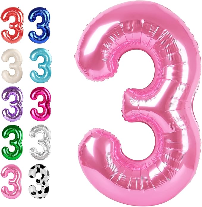 40 Inch Pink 3 Large Number Balloon, 3 13 23 30 33 36 38 Pink Birthday Party Decorations, Number Three Foil Balloons for Anniversary Party Graduations Celebration Supplies