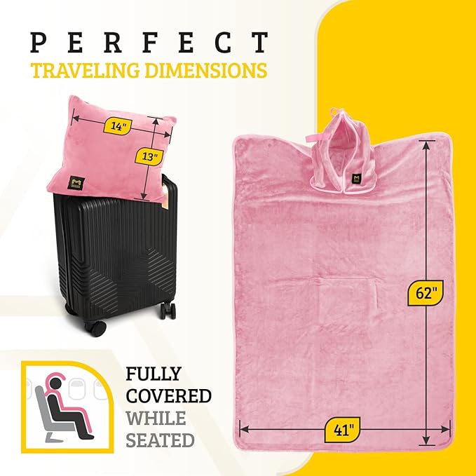 Travel Blanket Airplane Compact with Hoodie – 2in1 Airplane Travel Accessories from Plane Blanket to Travel Pillow with Luggage Strap, Soft Handle & Secure Pocket (Light Pink, 62x41'')