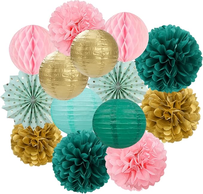 Sage-Green Pink-Gold Baby-Shower Party Decorations - 14pcs Teal Wedding Paper Lanterns Fan,Tissue Pom Poms Streamers,Honeycomb Balls,Birthday Bachelorette Engagement Bridal Decor Lasting Surprise