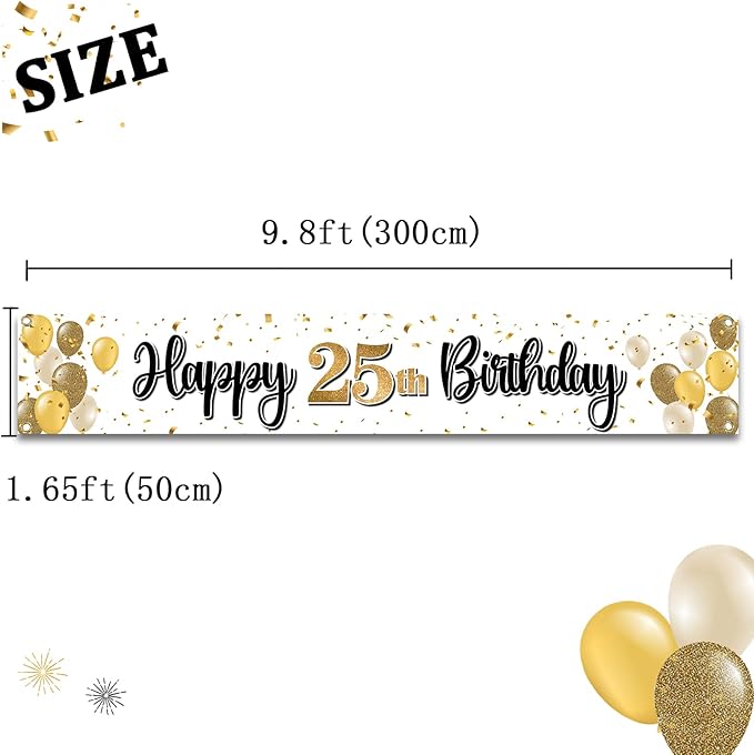 Happy 25th Birthday Decorations,25th Gold Balloon Large Birthday Hanging Banner Sign,25 Years Old Bday Party Supplies.