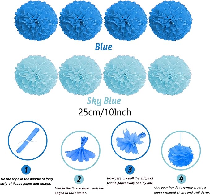 ZERODECO Party Decorations, 41 Pcs Blue Papar Fans Pompoms Garlands String Tissue Paper Tassel for Fiesta Home Bridal Baby Shower Wedding Boy Girl Birthday Party