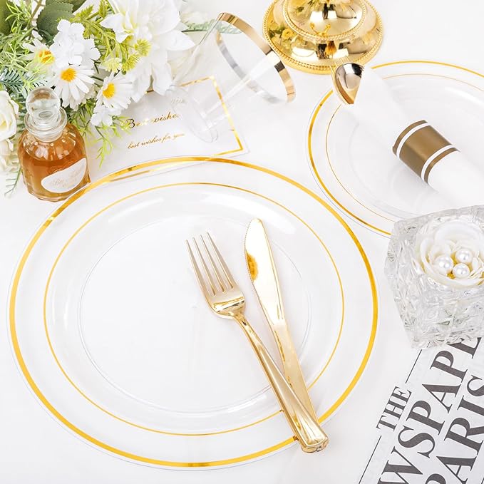 WELLIFE 350PCS Clear-Gold Plastic Plates - 100 Disposable Plates, 150Plastic Silverware, 50 Cups, 50 Napkins for Wedding & Party
