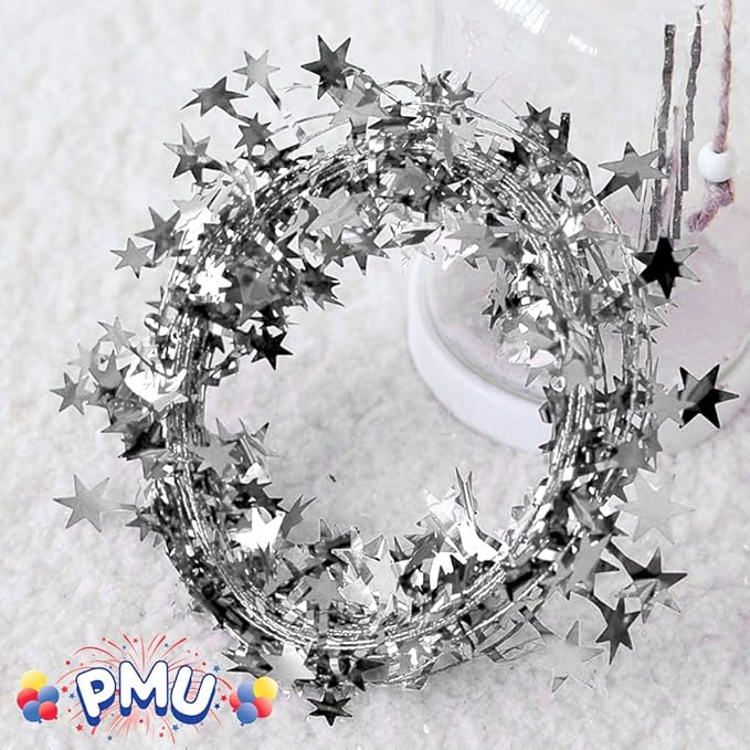 PMU 300 Ft Star Wire Shiny Garland Silver - Halloween, Christmas Party, Wedding, Birthday, Festive Home Decoration Ornament Silver (12pc-25Ft Each)