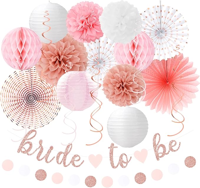 Light-Pink Rose-Gold Bachelorette Party-Decorations - 21pcs Baby Bridal Shower Banner Garland, Bride To Be Paper Streamers Lanterns,flower Tissue Pom Poms Fan Supplies,Wedding Backdrop Decor Huglony