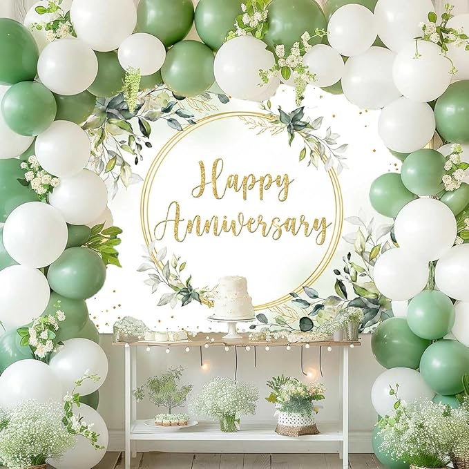 Sensfun 7x5ft Happy Anniversary Backdrop Sage Green Eucalyptus Wedding Anniversary Party Decorations Greenery Marriage Memorial Day Cheers to 10 Years 25th 40th 50th Wedding Day Banner