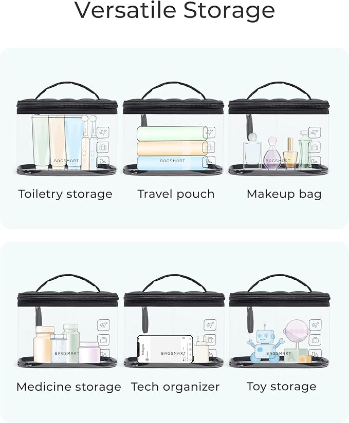 BAGSMART TSA Approved Toiletry Bag, Clear Makeup Cosmetic Bag Organizer, Quart Size Travel Bag for Toiletries, Carry-on Travel Accessories Essentials, 1 Pack-Black