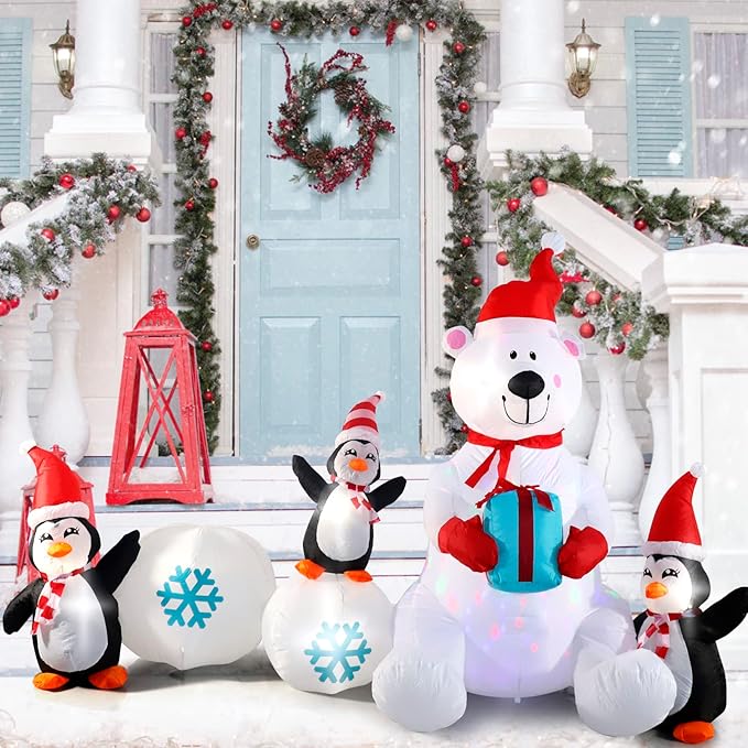 Inflatable Christmas Decorations, SHDEJTG 10FT Snowman Polar Bear Snowball Blow Up Christmas Decorations Outdoor with Colorful Rotating LED Lights, Giant Inflation for Xmas Indoor Lawn Garden