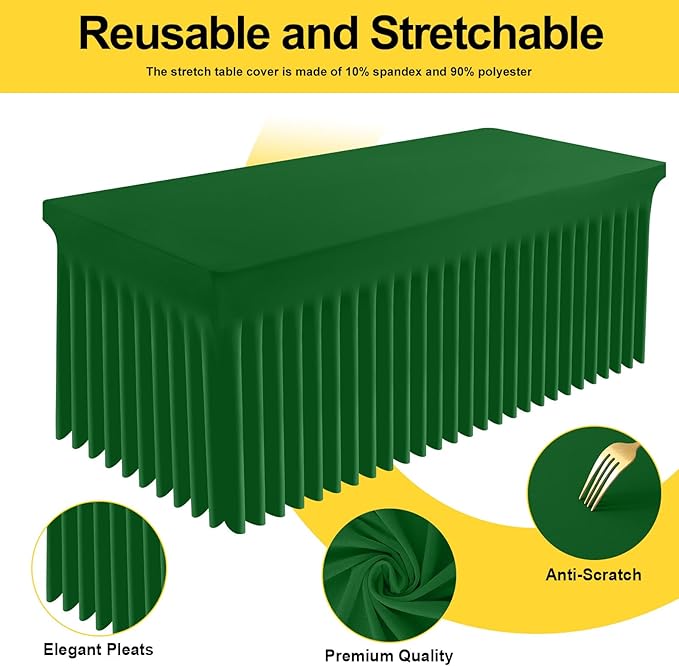 Smiry Spandex Tablecloth, Elastic Fitted Stretch Tablecloth for 8FT Rectangle Tables, Waterproof Washable Table Cover Skirt for Outdoor, Wedding, Banquet & Parties (Emerald Green, 96Lx30Wx30H Inch)