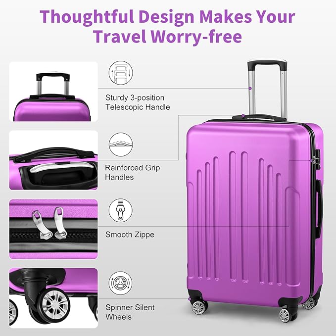 Karl home Carry On Luggage 22x14x9 Airline Approved, ABS Hardshell Suitcase with TSA Lock & Spinner Wheels, Durable Small Suitcase Rolling Luggage for Business Travel, Purple