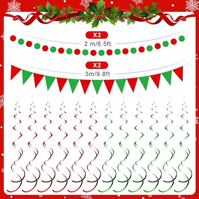 Outus 25 Pcs Christmas Party Decorations Supplies Merry Christmas Party Banner Green Red White Xmas Paper Fans Flower Pom Poms Hanging Swirls Pennant Circle Dots Garland for Xmas Birthday Decor
