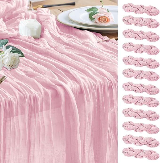Wokceer 12Pack Pink Cheesecloth Table Runner 10FT Boho Gauze Spring Easter Cheese Cloth Table Runner for Party Rustic Sheer Runners for Baby Bridal Shower Wedding Christmas
