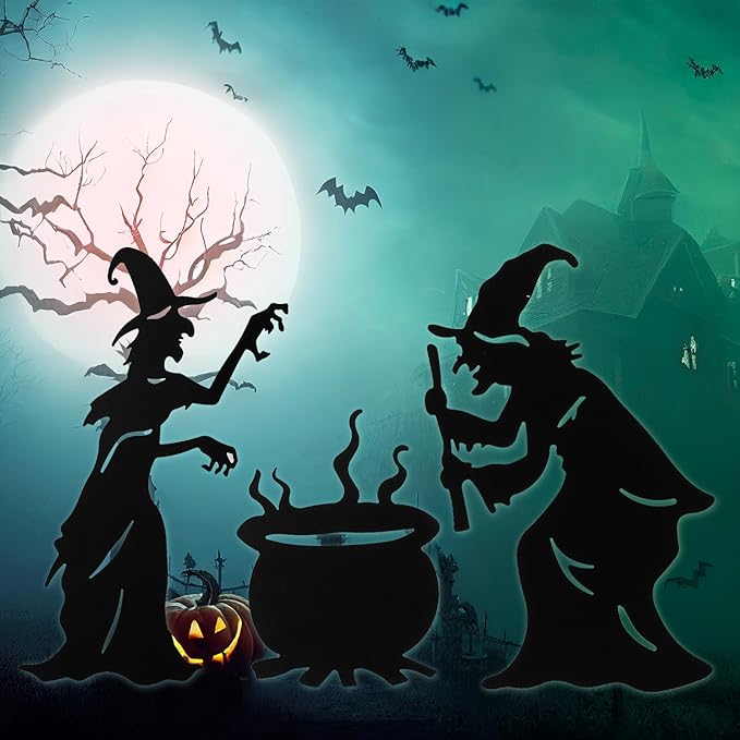 Halloween Witch Yard Decorations Witch Silhouette Yard Stakes with Cauldron,Set of 3 Metal Halloween Yard Stakes for Spooky Decorations Garden Lawn