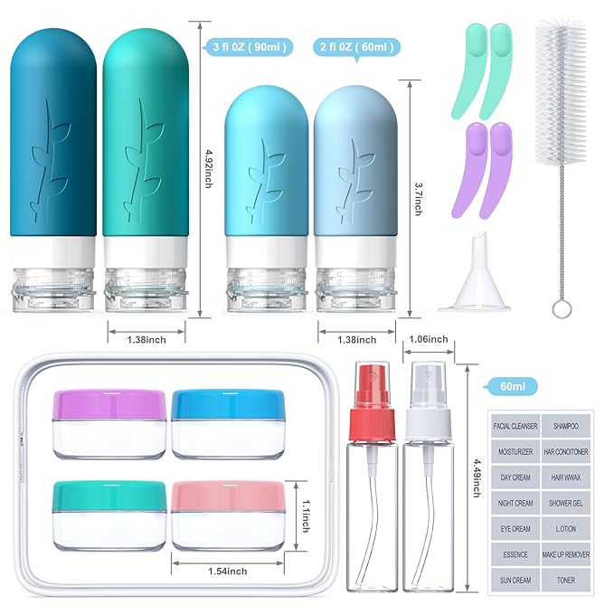 18 Pack Travel Bottles for Toiletries - TSA Approved Silicone Containers, Leak Proof Refillable Liquids Shampoo & Conditioner Essentials