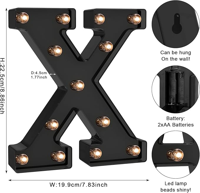 Foaky Black LED Letter Lights for Room Decor - Bedroom Wall Decor, Alphabet Lights for Home, Wedding, Party - Battery Operated （X）
