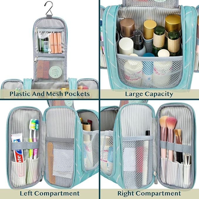 PAVILIA Toiletry Bag Travel Bag for Women Men, Hanging Cosmetic Organizer, Water Resistant Makeup Bag for Accessories Toiletries, Large Travel Essentials Kit (Teal Chevron)