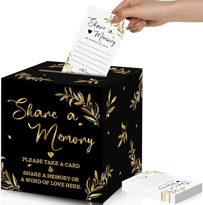 Pajean 50 Pcs Share a Memory Cards for Collections of Life, Memory Cards Box for Guest Ideas Funeral Graduation Wedding Bridal Shower Birthday Anniversary Retirement(Black, Gold)
