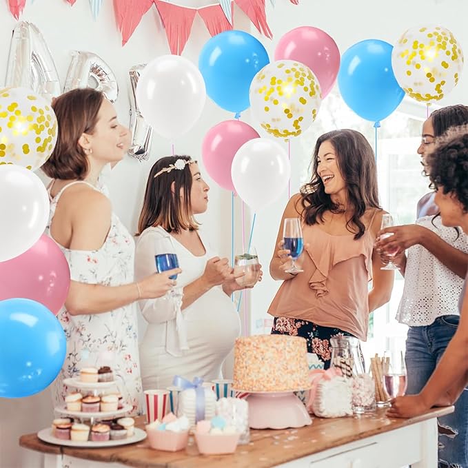 Patimate Gender Reveal Pink and Blue Balloons Set, 50 pcs 12 inch Pastel Blue Pink White Confetti Latex Balloons Kit for Gender Reveal Baby Shower Birthday Party Decorations