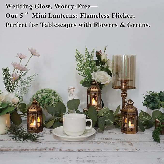 LLQ 8Pcs Mini Lantern with LED Tealight, Vintage Brown Lanterns Decorative, Hanging Candle Lanterns for Halloween Christmas Wedding Table Centerpiece Indian Decor, Garden Fairy Party Decorations