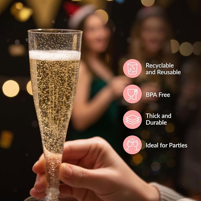 Prestee 200 Disposable Champagne Flutes Gold Glitter Glasses - 4.5 Oz Plastic Champagne Cups for Parties, Wedding Toasts, Mimosa Bar, and New Year’s Eve - Elegant Bulk Gold Plastic Wine Flutes | Disposable, Gold Glitter, Glasses, Champagne Cups, for Pa...
