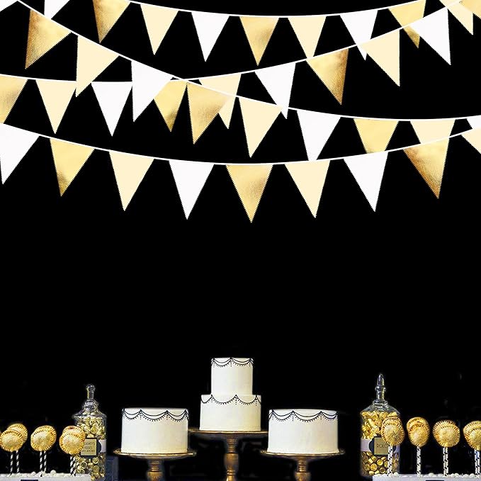 White and Gold Party Decorations Gold Beige White Fabric Triangle Pennant Banner Flag Bunting Garland for Graduation Wedding Birthday Bridal Shower Anniversary Engagement Baptism Party Supplies