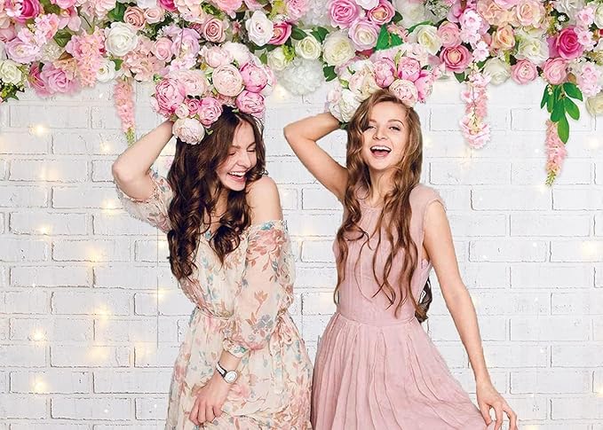 Flower Wall Backdrop Glitter White Brick Wall Mother's Day Flowers Photography Background Mother's Day Wedding Bridal Baby Shower Birthday Party Spring Theme Decor Photo Booth Props (8x6FT)