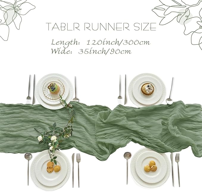 IVAPUPU 2 Pcs Cheesecloth Table Runner - 10ft Sage Green Easter Decor Boho Gauze Cheese Cloth Table Runners for Baby Shower Decorations Wedding Party Spring Garden Farmhouse
