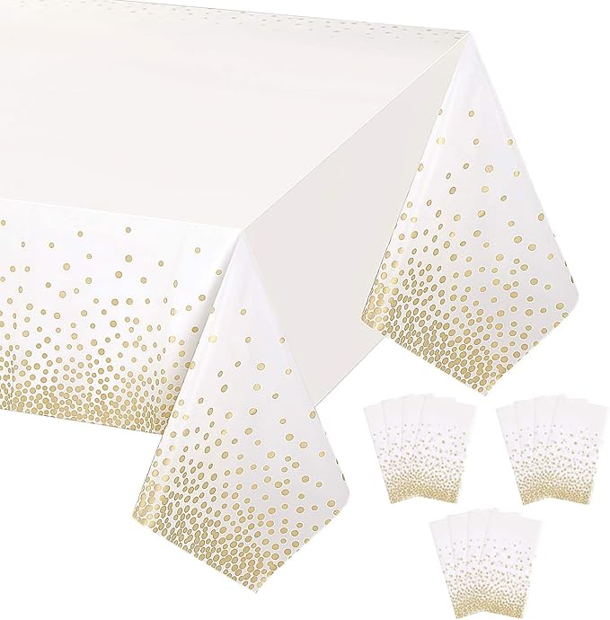 Gexolenu 12 Pack White Plastic Tablecloth for Birthday Party, Gold Dot Confetti Pattern Table Covers for Rectangle Tables, Fit for All Party, Thanksgiving Christmas Wedding, Anniversary,54" x 108"