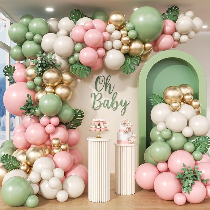 152Pcs Pink and Green Balloon Garland Arch Kit - Sage Green and Pink White Sand Gold Different Size Balloons for Girl Baby Shower Wedding Birthday Jungle Safari Woodland Party Decorations