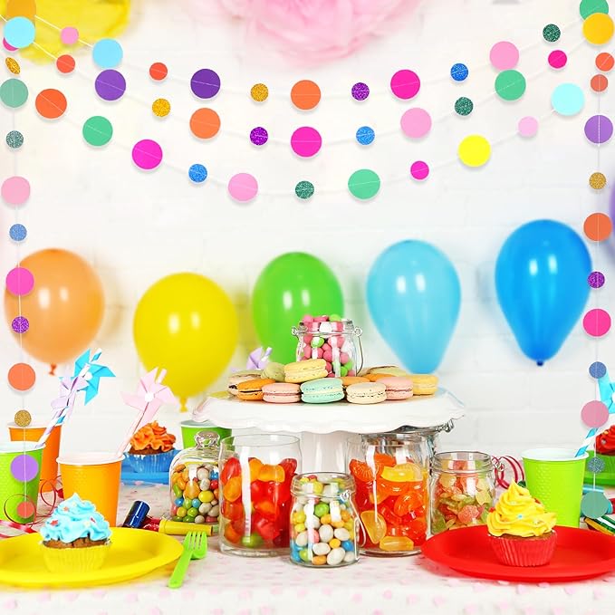 Outus 40 Pieces Colorful Dots Paper Garland Easter Decor Round Glitter Hanging Confetti Streamers Backdrop for Spring Birthday Classroom Halloween Trunk or Treat Car Decoration (Rainbow)
