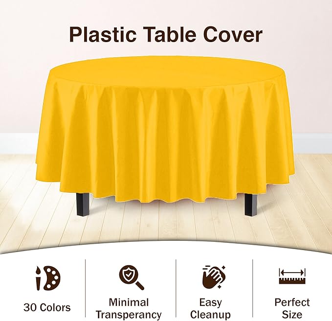 12-Pack Premium Plastic Tablecloth 84in. Round Table Cover - Yellow