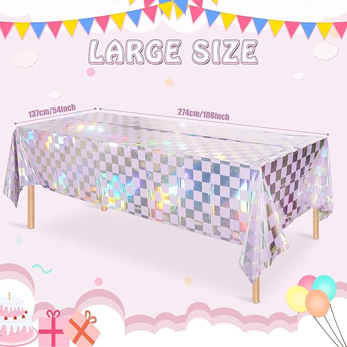 6Pack Iridescent Checkered and Purple Plastic Tablecloths Shiny Disposable Laser Rectangle Table Covers Holographic Foil Tablecloth Iridescent Party Decorations Birthday Bridal Baby Shower, 54x108Inch