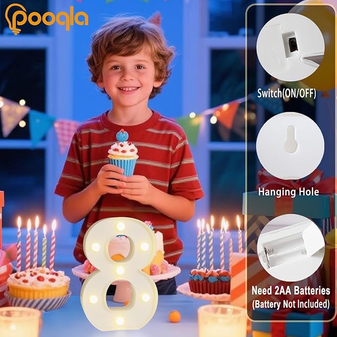 Pooqla Decorative LED Light Up Number Letters, White Plastic Marquee Lights Sign Party Wedding Decor, Battery Operated (8)