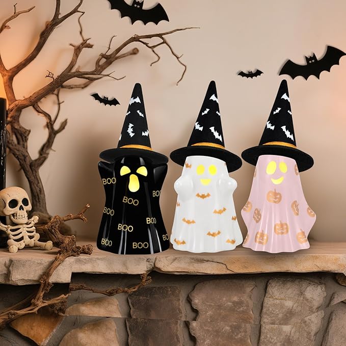 Halloween Decorations Indoor, Set of 3 Ceramic Halloween Ghosts with Witch Hats, Cute Spooky Lighted Decor Ghost Figurines Witch Hat Scary Pumpkin Bats Boo for Home Mantel Shelf Table Decor