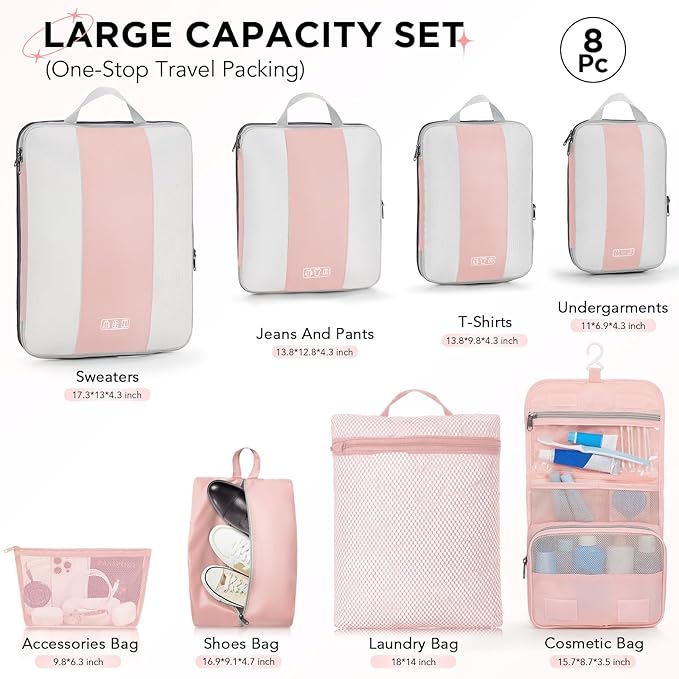 8 Set Compression Packing Cubes for Travel Essentials,Compressible Expandable Packing Cubes for Suitcase,OlarHike Luggage Organizer Bags for Travel,Handy Helper for Organizing Clothes(Pink)