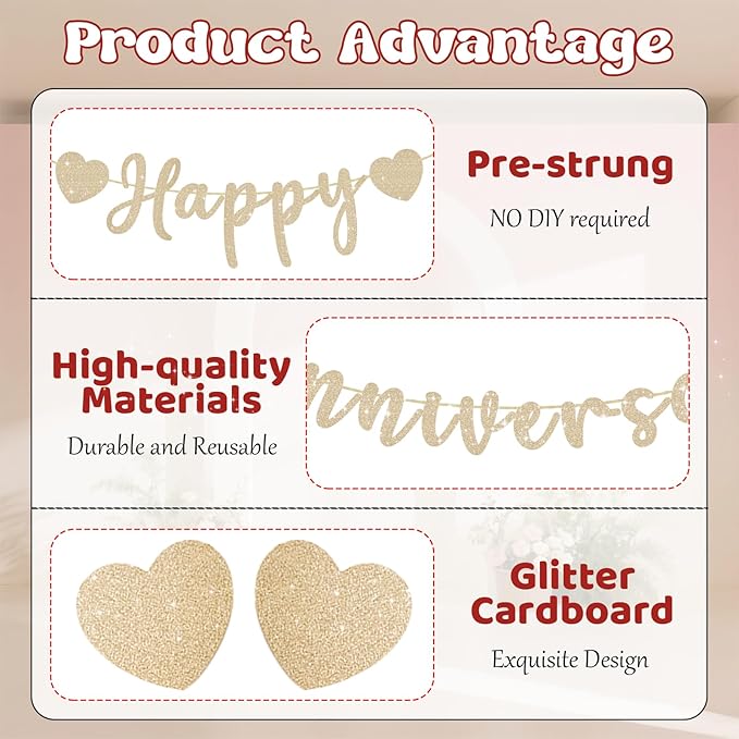 Happy Anniversary Banner, Pre-Strung Gold Glitter Wedding Anniversary Decorations Romantic, Couples Shower Decorations Banner For Happy Wedding Reception Day Bridal Shower Party