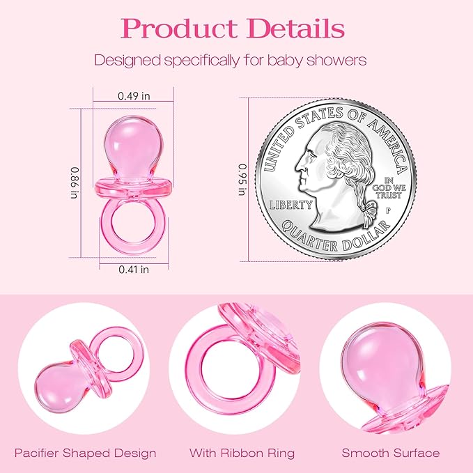 XINHUIDALSQ 150 Mini Acrylic Pacifiers for Baby Shower Game, 0.86 Inch Bulk Chupones para Gender Reveal Party Favors Table Decoration (Pink)