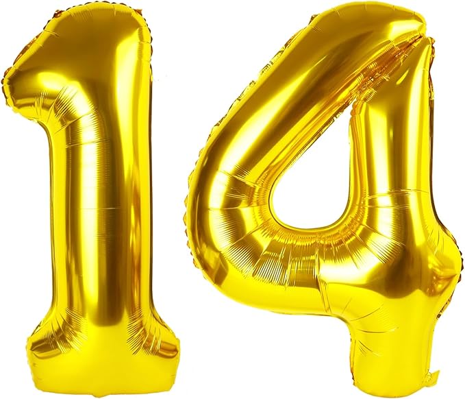 40 Inch Gold Large Number 14 Birthday Balloon, Giant Number 14 Fourteen Balloons, Foil Mylar Big Balloons for Anniversary Graduation Supplies Decorations