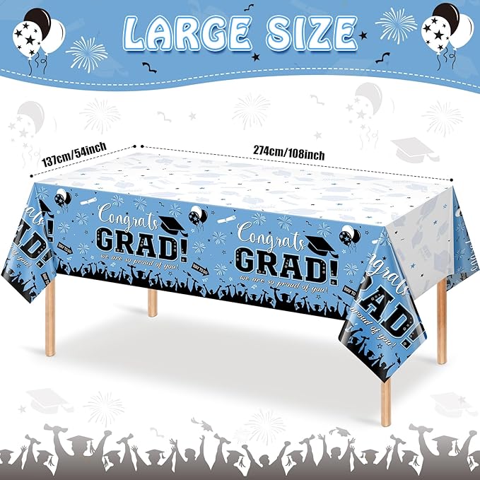 6 Pack Graduation Tablecloth Party Decorations, Class 2026 Congrats Grad Plastic Tablecover Party Supplies, Light Blue Rectangle Graduation Table Decorations for College High School Party, 54x108 Inch